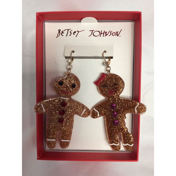 NIB Betsey Johnson Gingerbread Man & Woman Dangle Earrings With Glitter & Pave - Picture 2 of 5